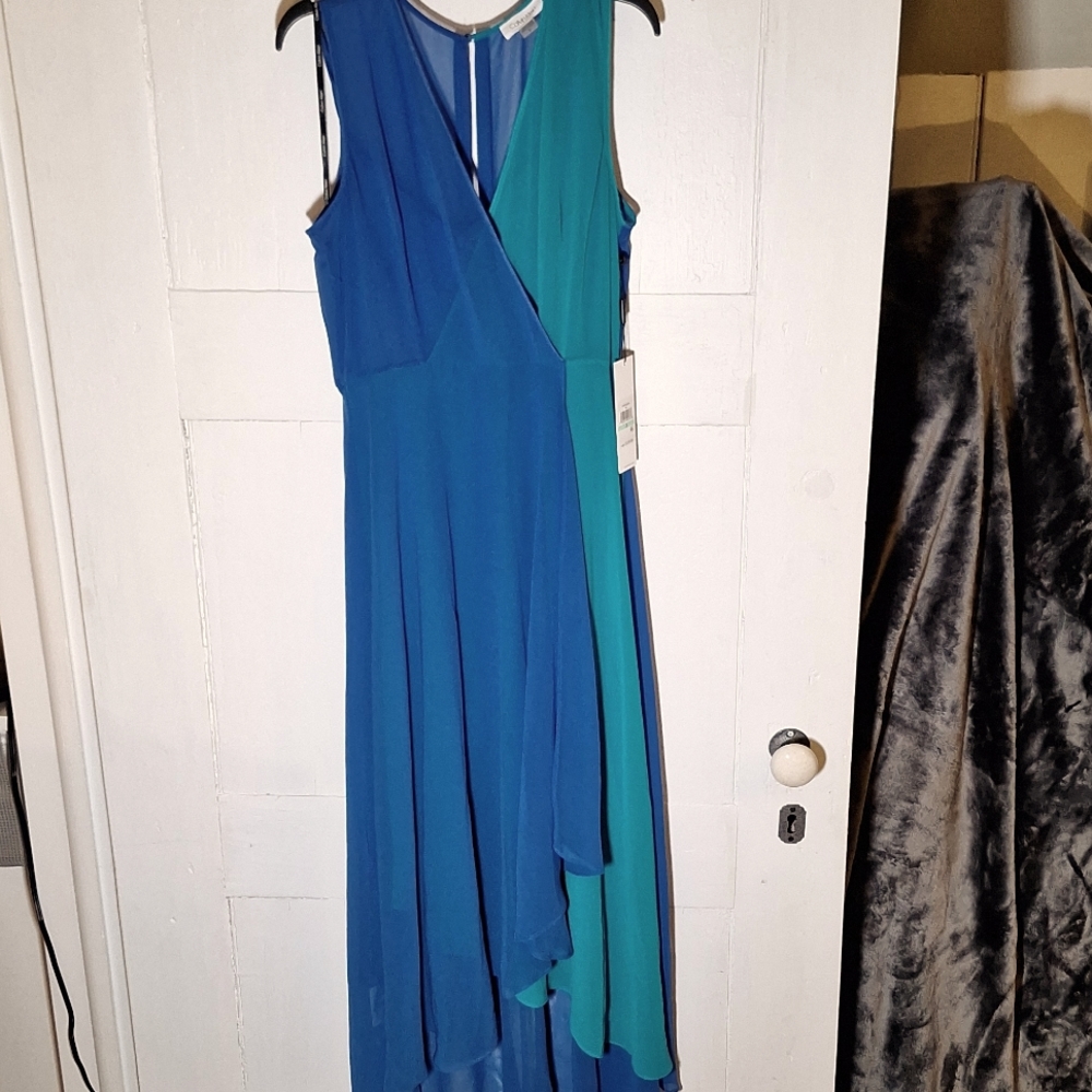 2 tone faux wrap blue/teal dress
